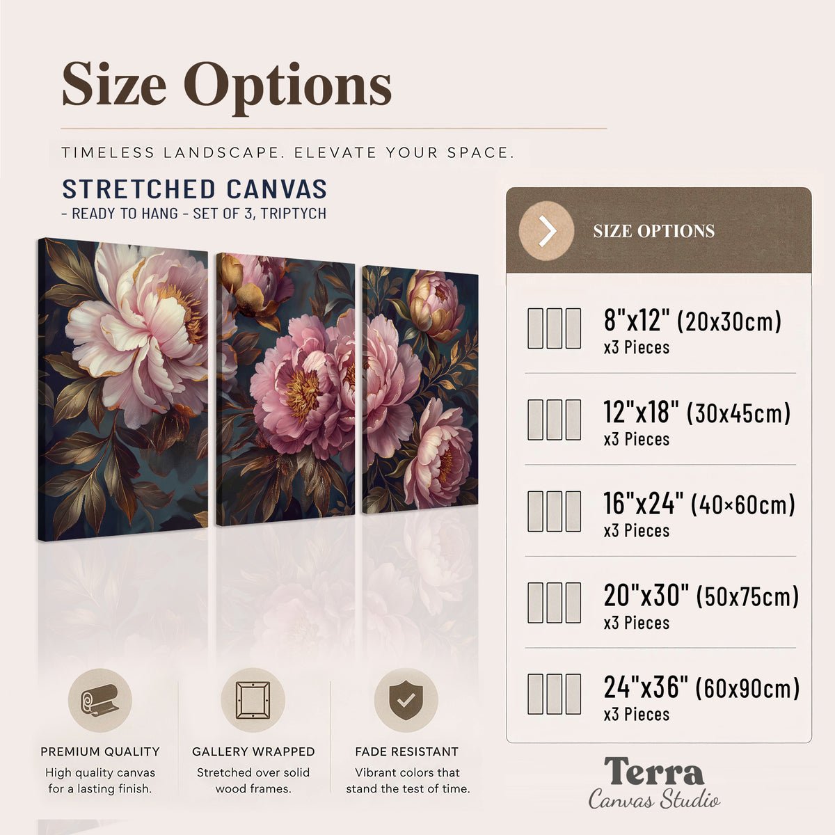 Large pink and cream peonies against deep blue foliage 3 piece canvas wall art available dimensions; triptych dimensions are per panel
