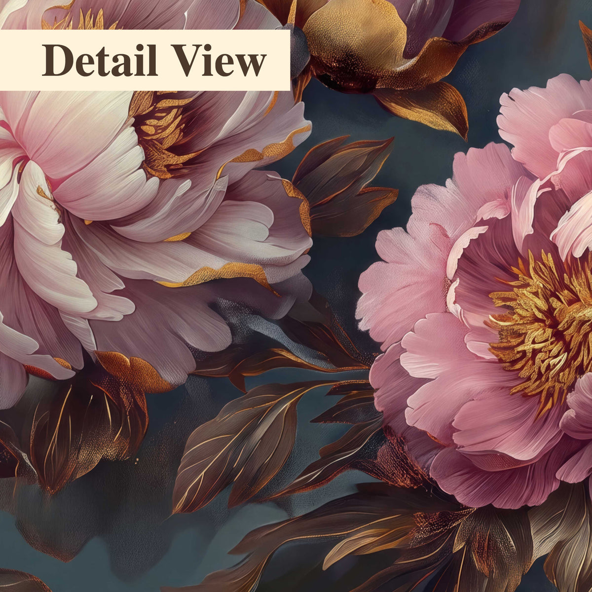Large pink and cream peonies against deep blue foliage 3 piece canvas wall art artwork detail close up