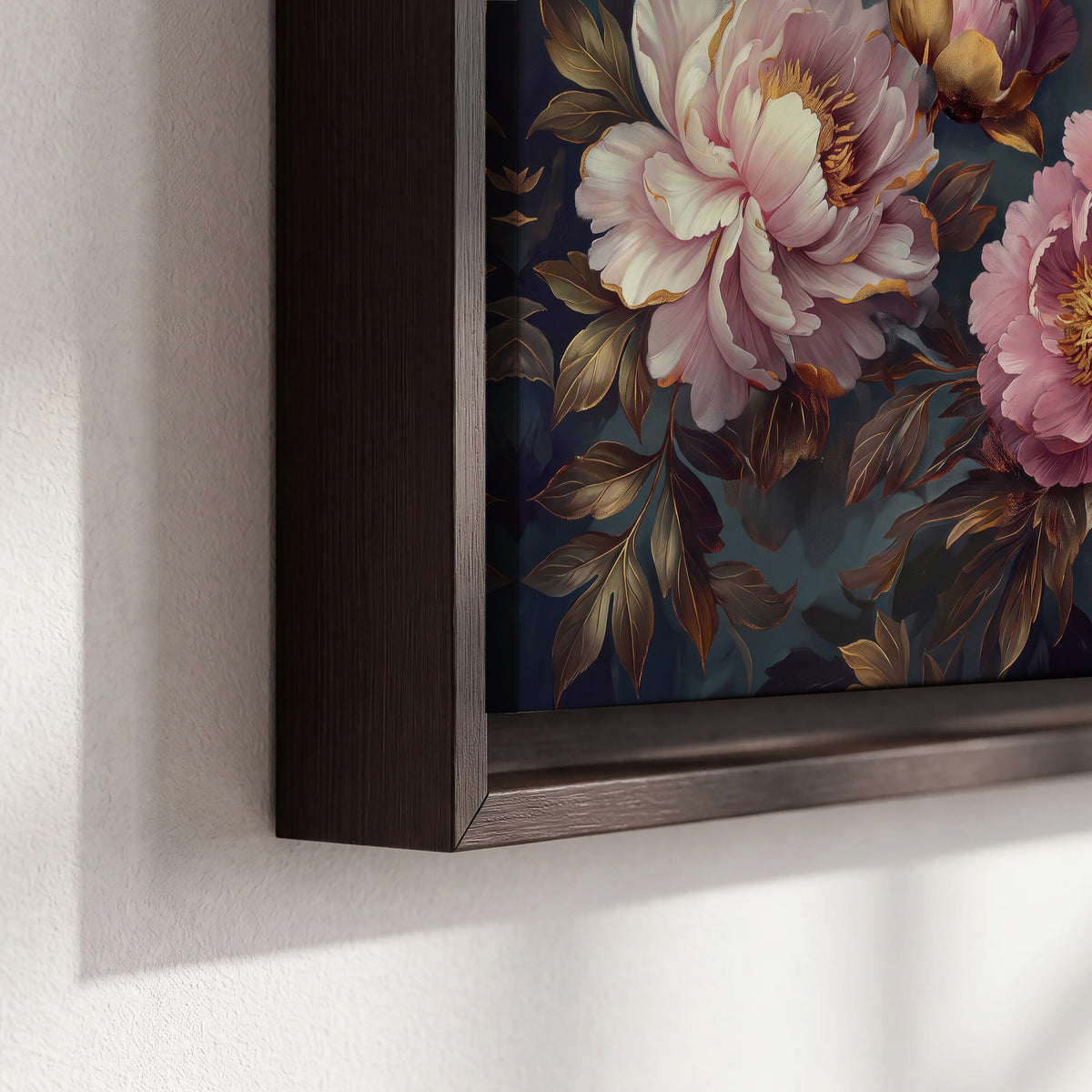 Large pink and cream peonies against deep blue foliage 3 piece framed canvas wall art material and edge close up