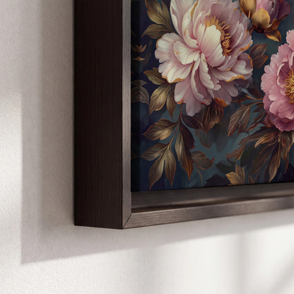 Large pink and cream peonies against deep blue foliage 3 piece framed canvas wall art material and edge close up