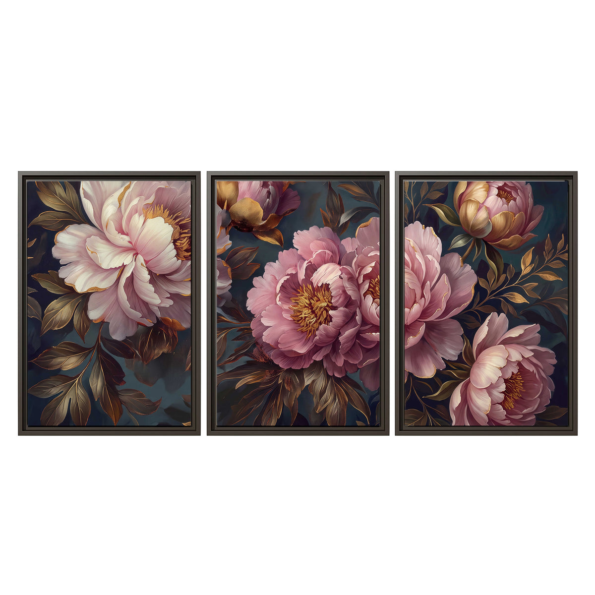 Large pink and cream peonies against deep blue foliage 3 piece framed canvas wall art viewed straight on