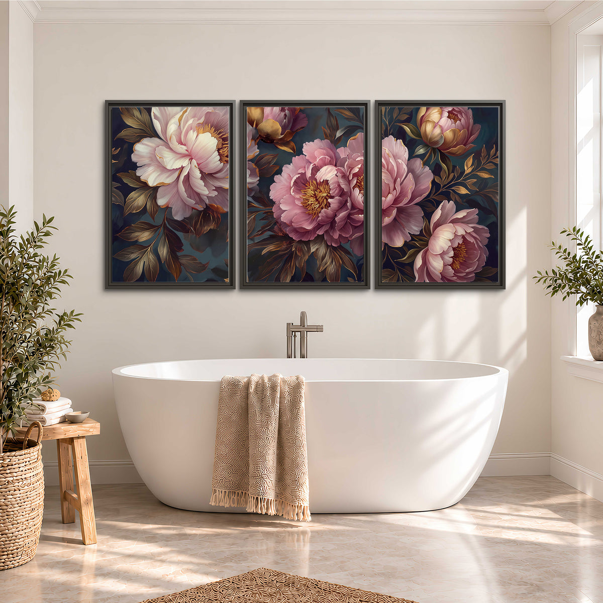 Large pink and cream peonies against deep blue foliage 3 piece framed canvas wall art styled in an interior