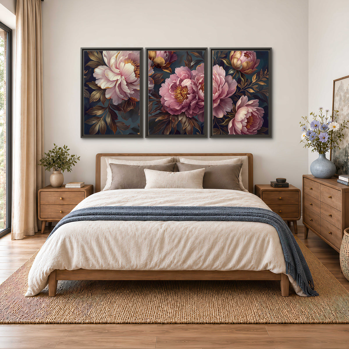 Large pink and cream peonies against deep blue foliage 3 piece framed canvas wall art styled in an interior