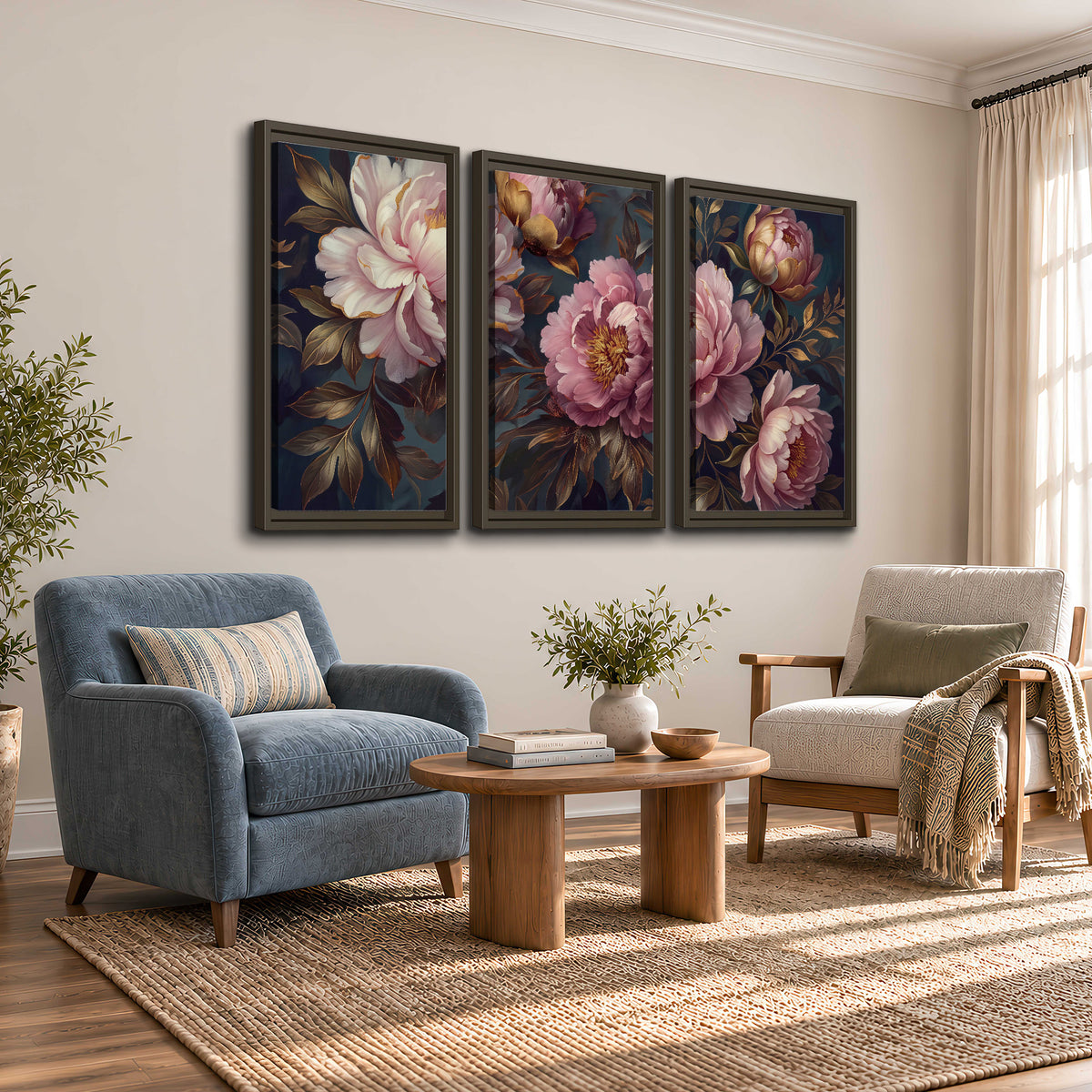 Large pink and cream peonies against deep blue foliage 3 piece framed canvas wall art styled in an interior