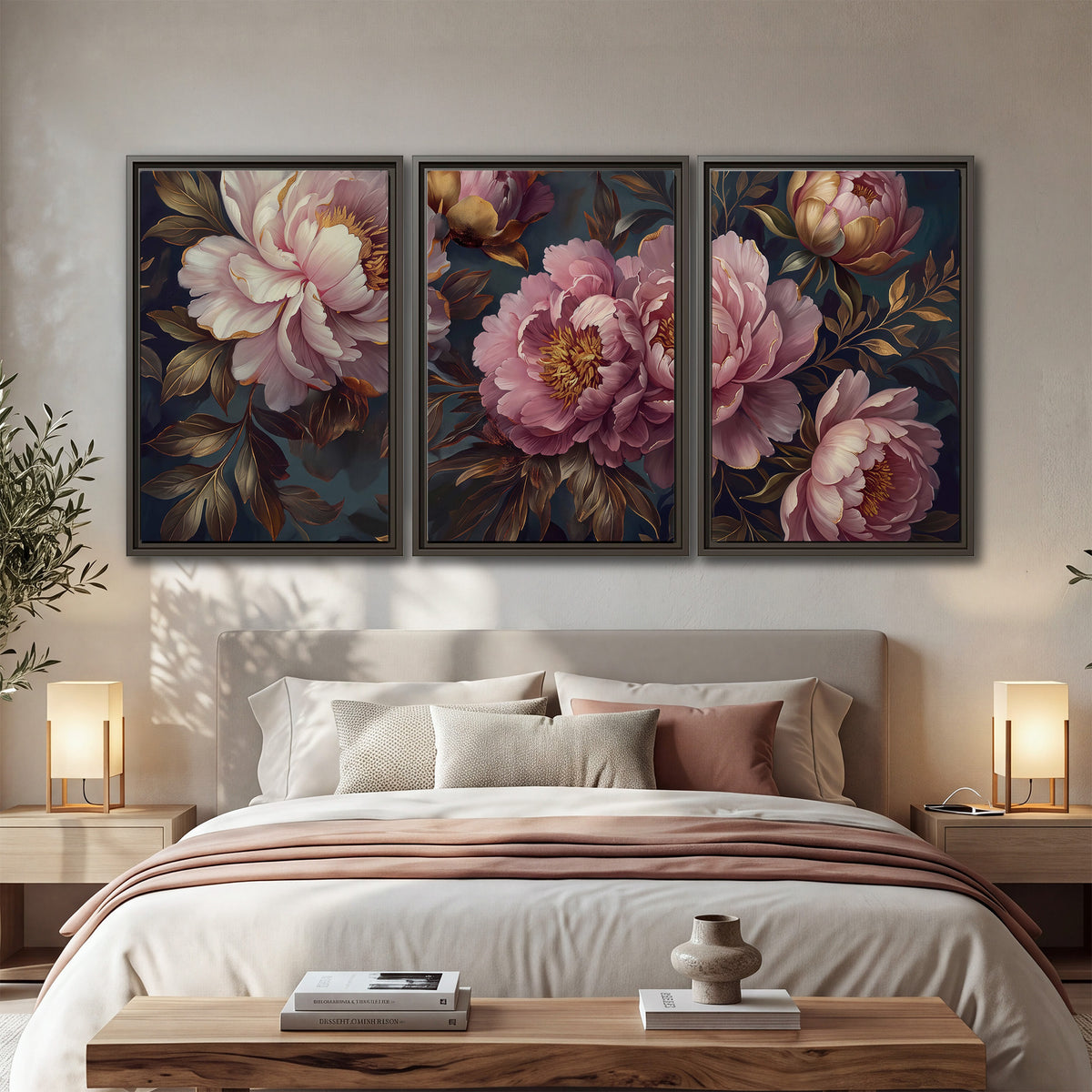 Large pink and cream peonies against deep blue foliage 3 piece framed canvas wall art displayed in a bedroom