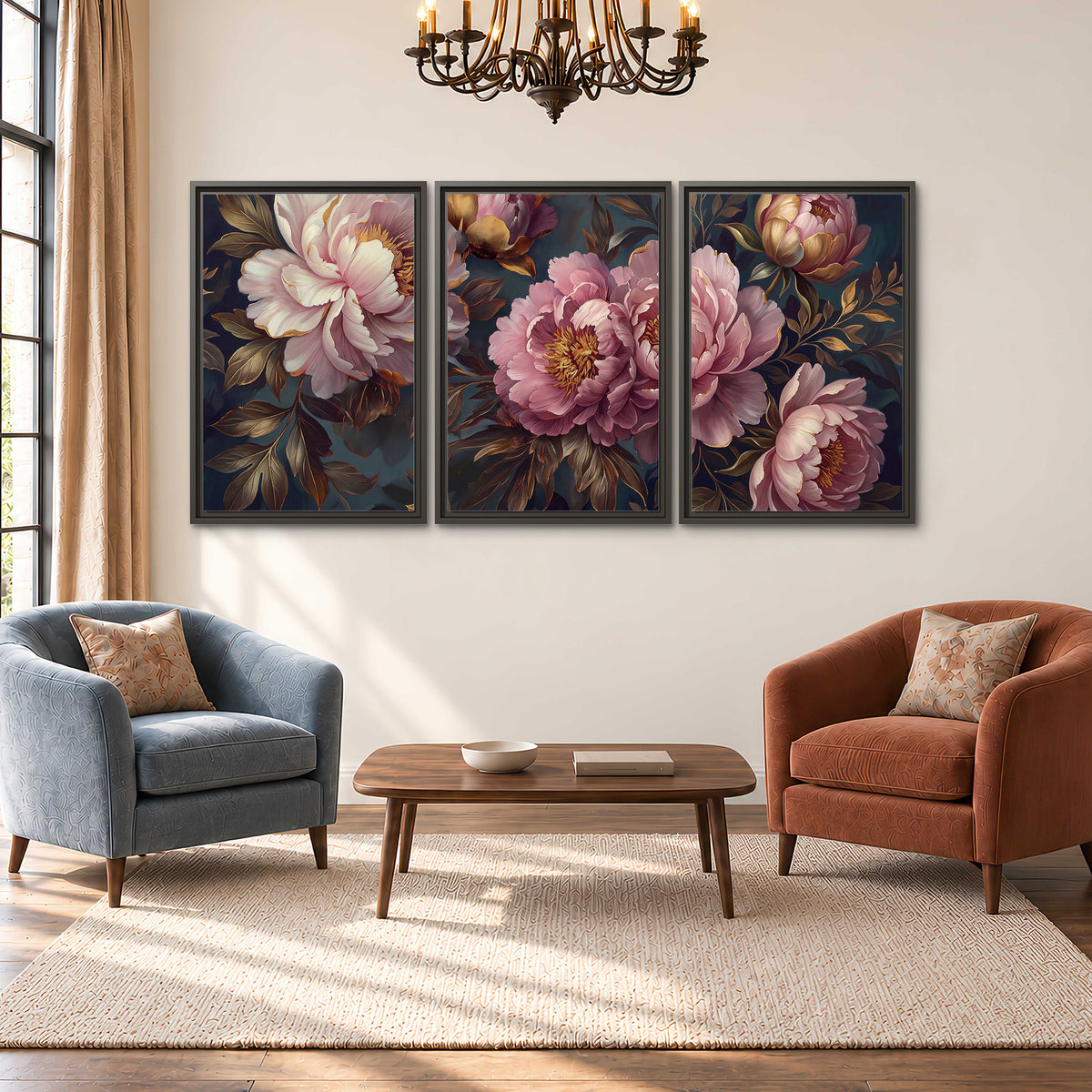 Large pink and cream peonies against deep blue foliage 3 piece framed canvas wall art styled in an interior