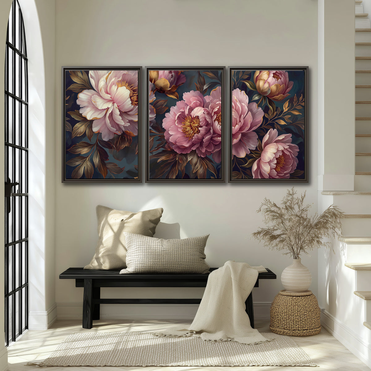 Large pink and cream peonies against deep blue foliage 3 piece framed canvas wall art displayed in a entryway