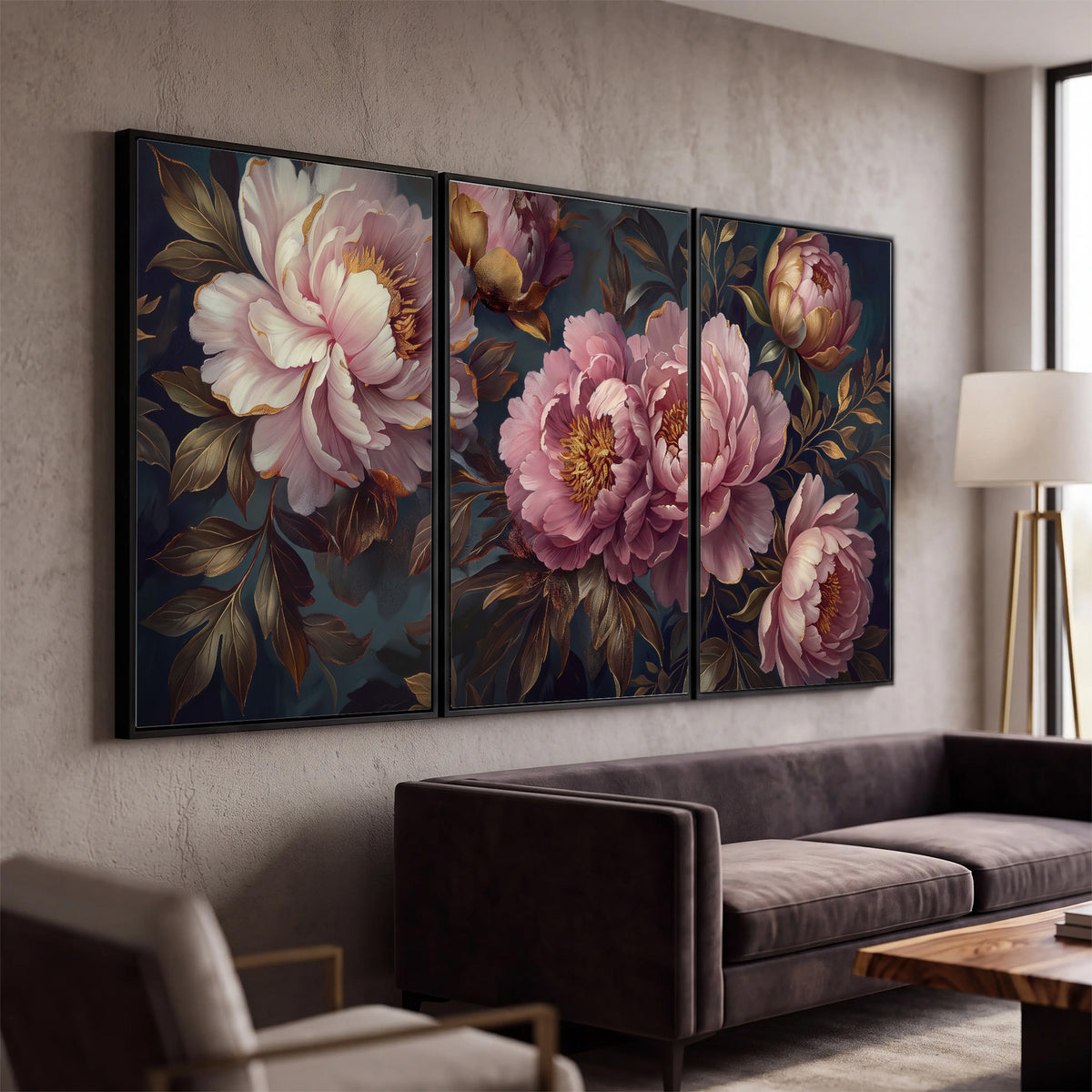 Large pink and cream peonies against deep blue foliage 3 piece framed canvas wall art displayed in a modern living room