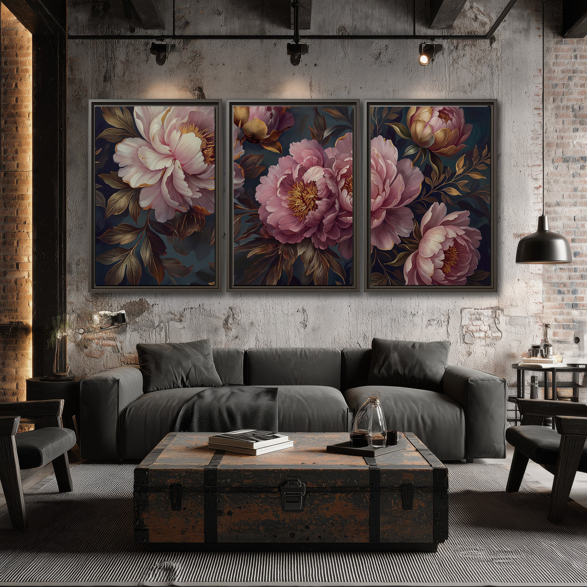 Large pink and cream peonies against deep blue foliage 3 piece framed canvas wall art displayed in a industrial room