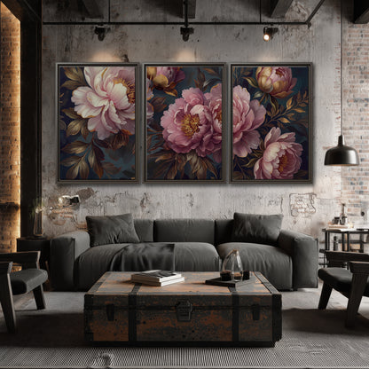 Large pink and cream peonies against deep blue foliage 3 piece framed canvas wall art displayed in a industrial room