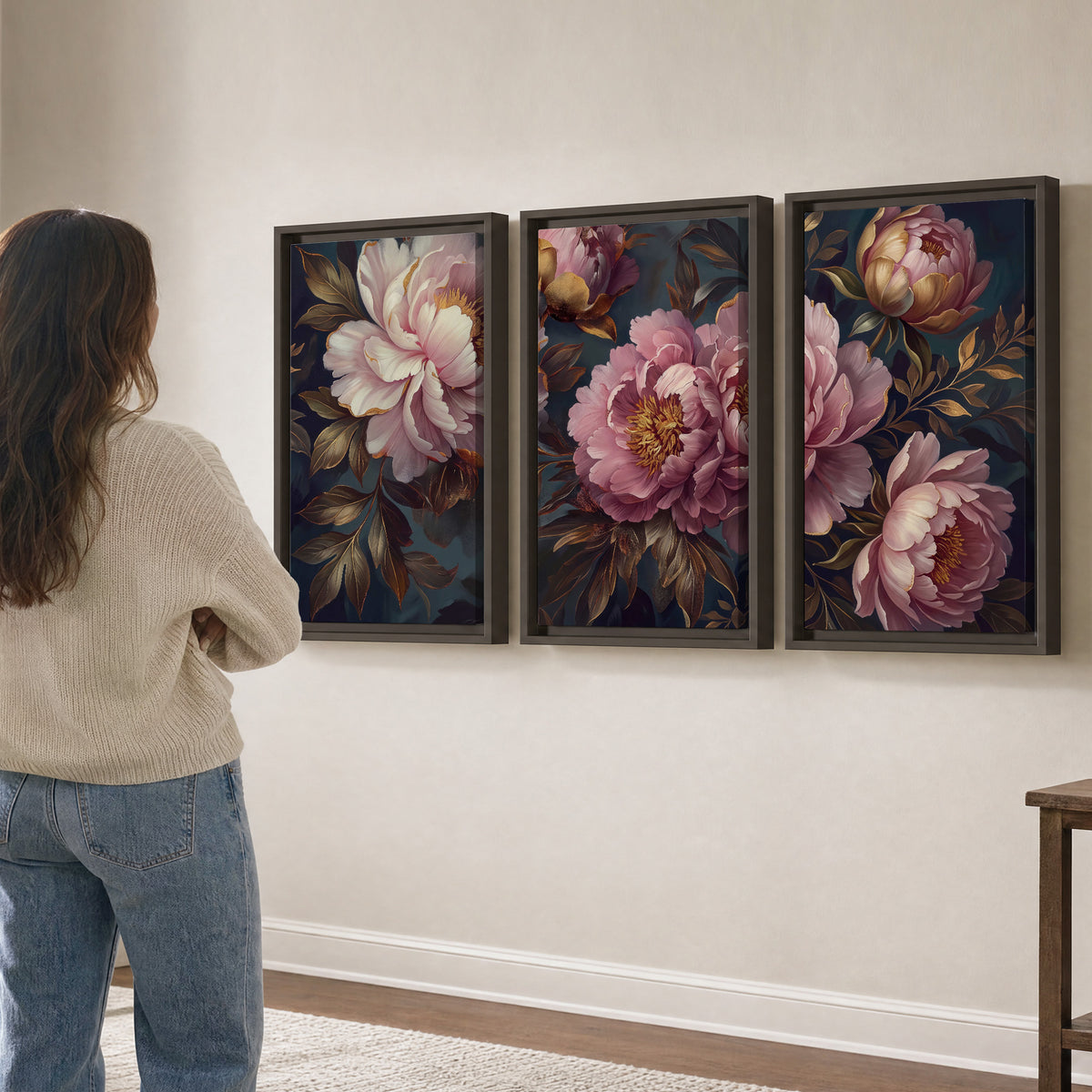 Large pink and cream peonies against deep blue foliage 3 piece framed canvas wall art three panel arrangement on a wall