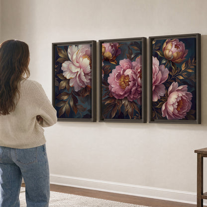 Large pink and cream peonies against deep blue foliage 3 piece framed canvas wall art three panel arrangement on a wall