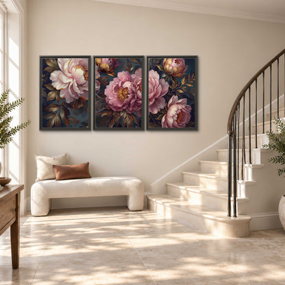 Large pink and cream peonies against deep blue foliage 3 piece framed canvas wall art styled in an interior