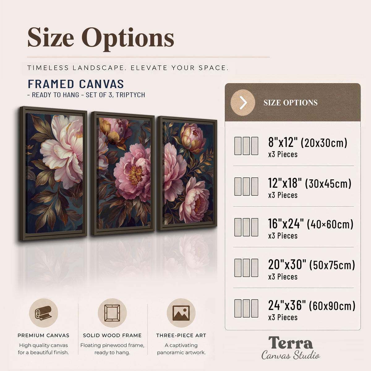 Large pink and cream peonies against deep blue foliage 3 piece framed canvas wall art available dimensions; triptych dimensions are per panel