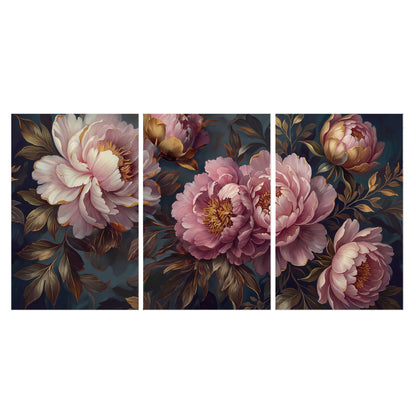 Large pink and cream peonies against deep blue foliage set of 3 poster prints viewed straight on