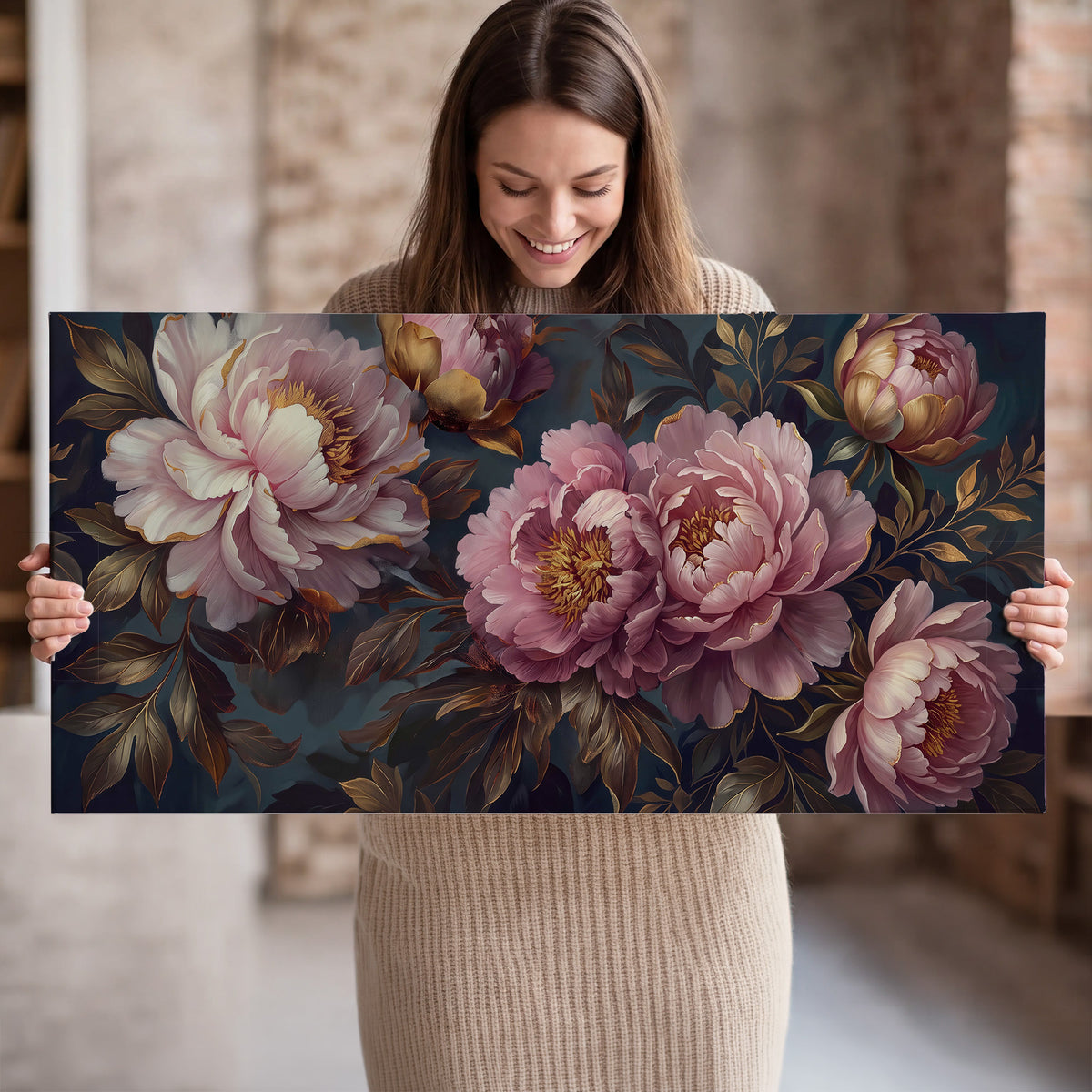 Large pink and cream peonies against deep blue foliage single canvas wall art held in hands