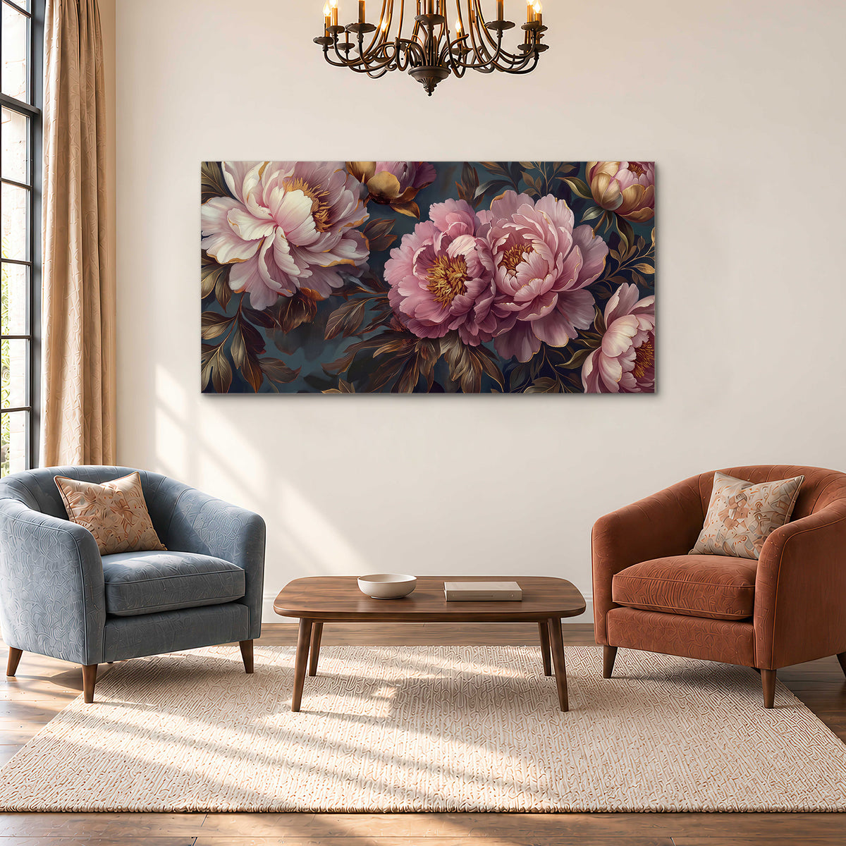 Large pink and cream peonies against deep blue foliage single canvas wall art styled in an interior