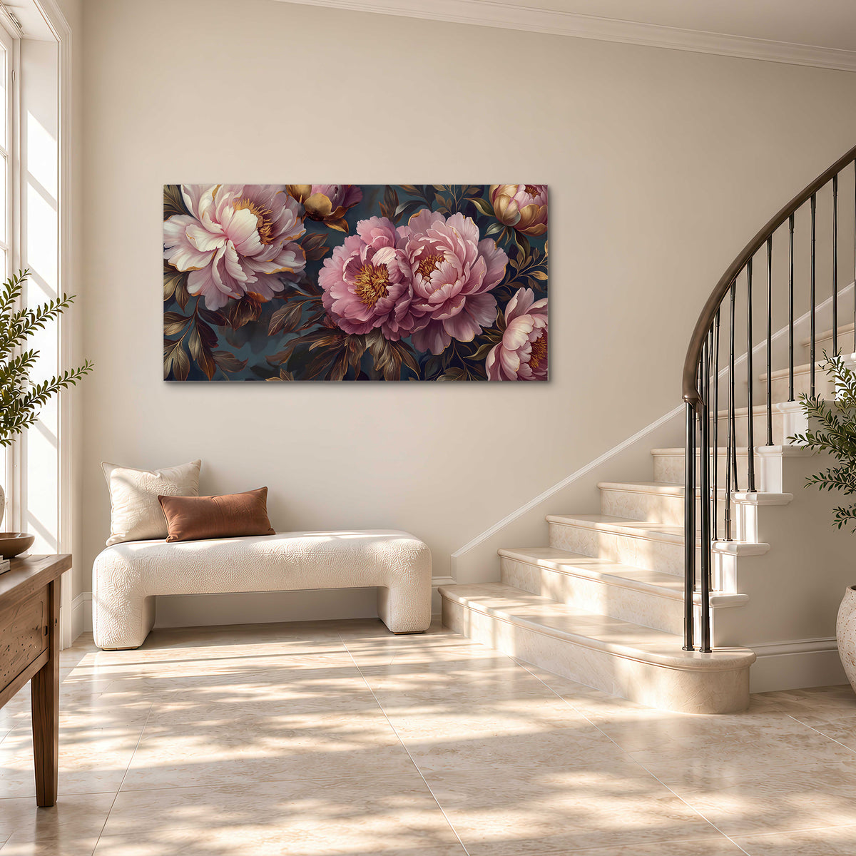 Large pink and cream peonies against deep blue foliage single canvas wall art styled in an interior