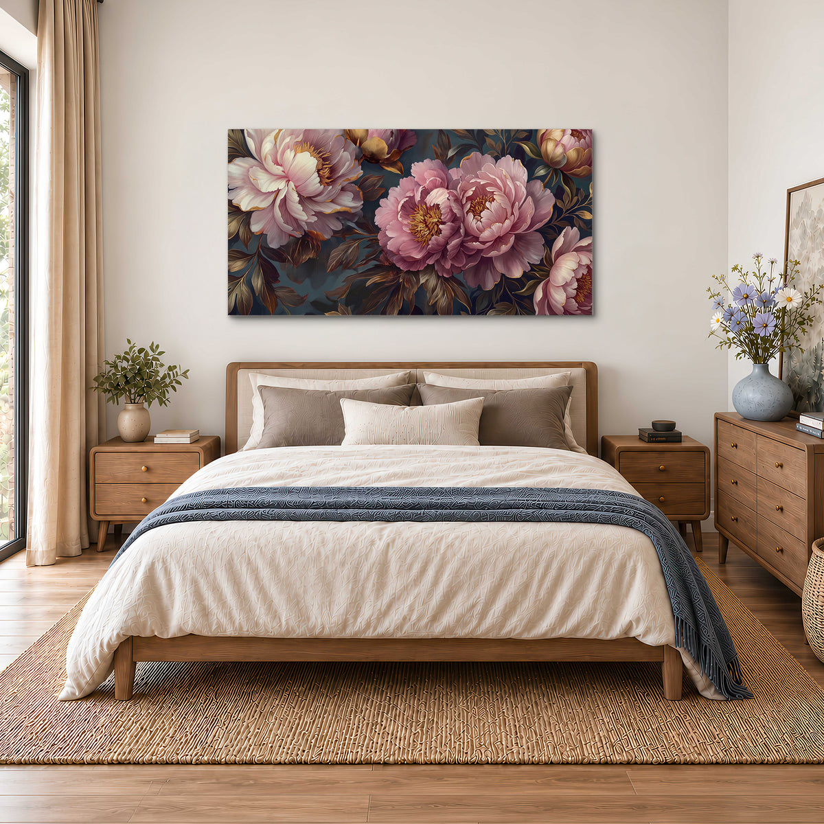 Large pink and cream peonies against deep blue foliage single canvas wall art styled in an interior