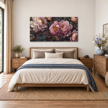 Large pink and cream peonies against deep blue foliage single canvas wall art styled in an interior