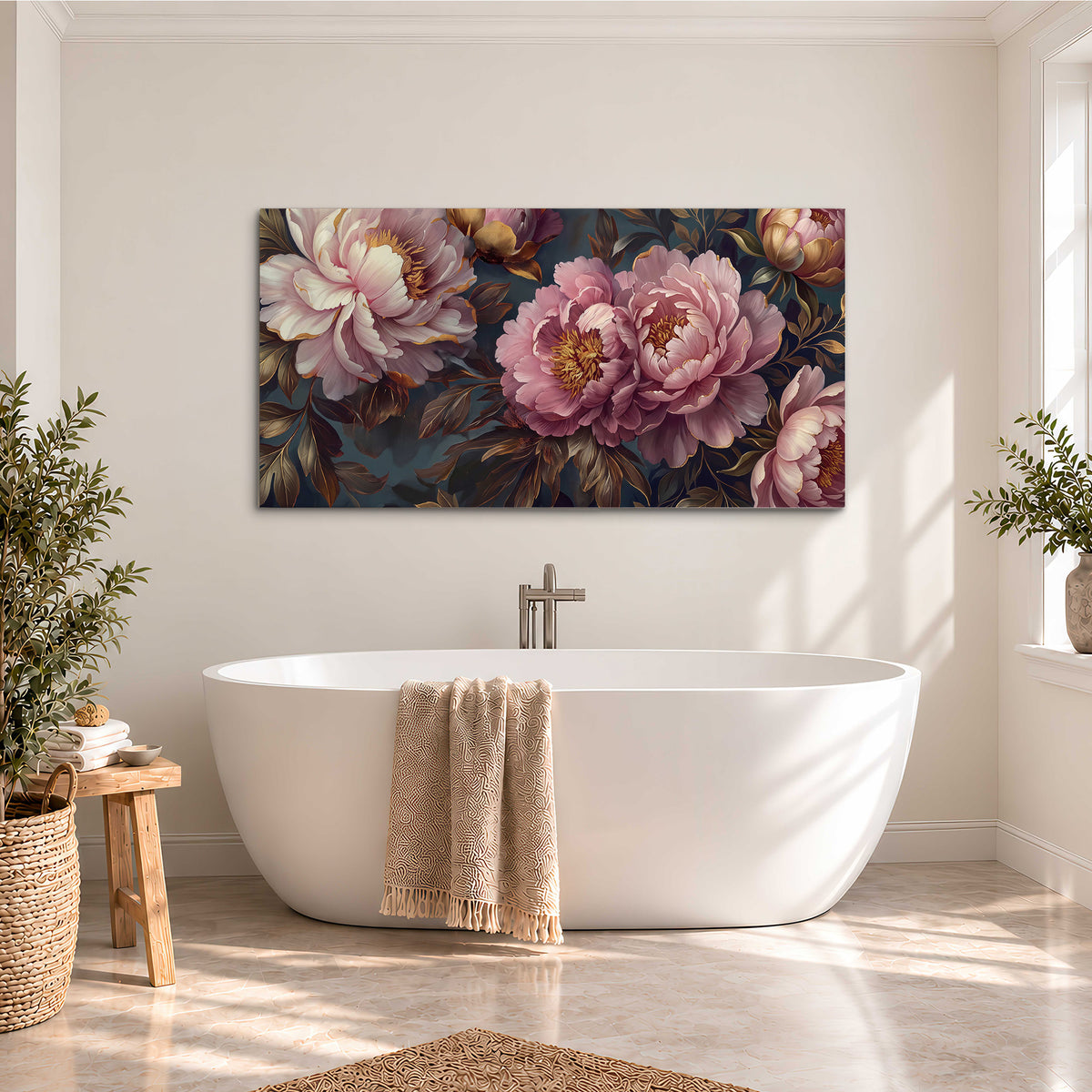Large pink and cream peonies against deep blue foliage single canvas wall art styled in an interior