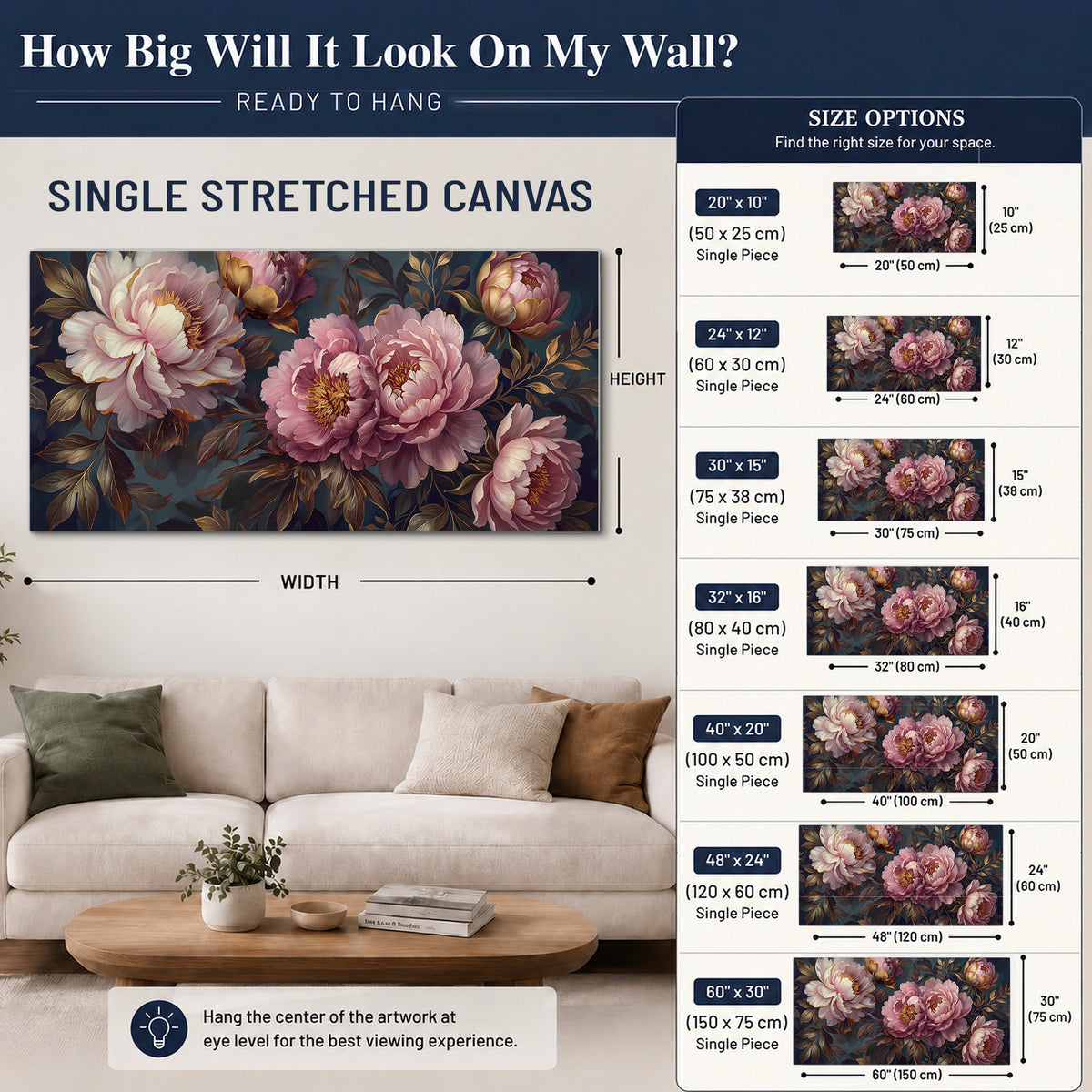 Large pink and cream peonies against deep blue foliage single canvas wall art size guide above a sofa; room view is illustrative