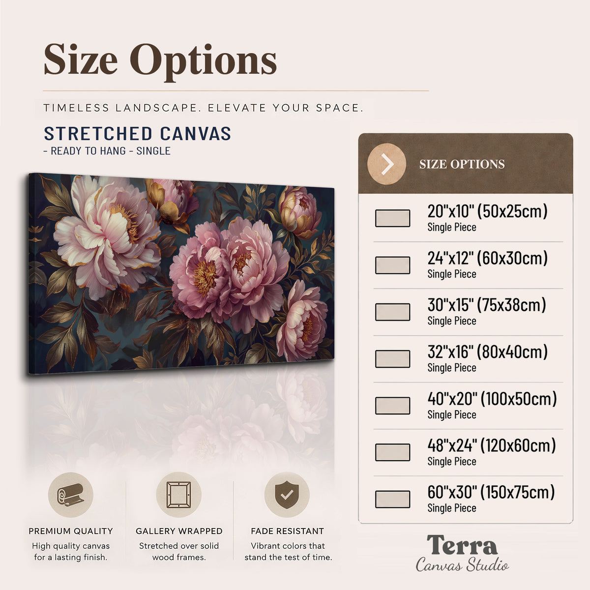 Large pink and cream peonies against deep blue foliage single canvas wall art available dimensions