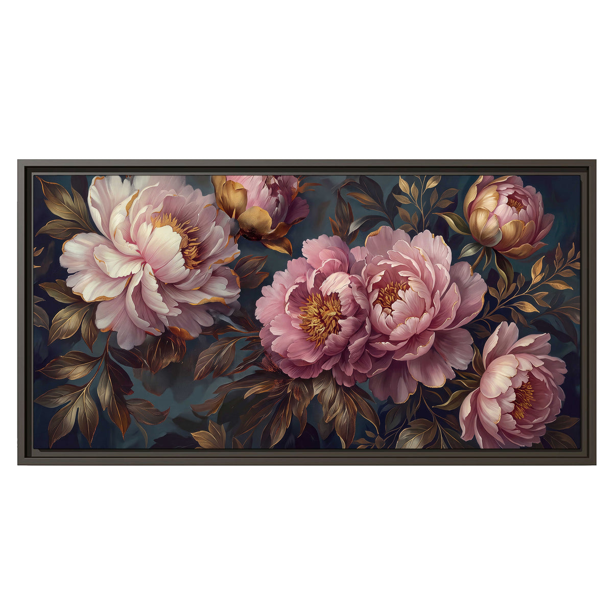 Large pink and cream peonies against deep blue foliage single framed canvas wall art viewed straight on