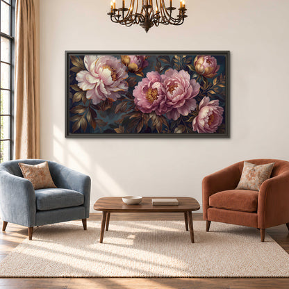 Large pink and cream peonies against deep blue foliage single framed canvas wall art styled in an interior