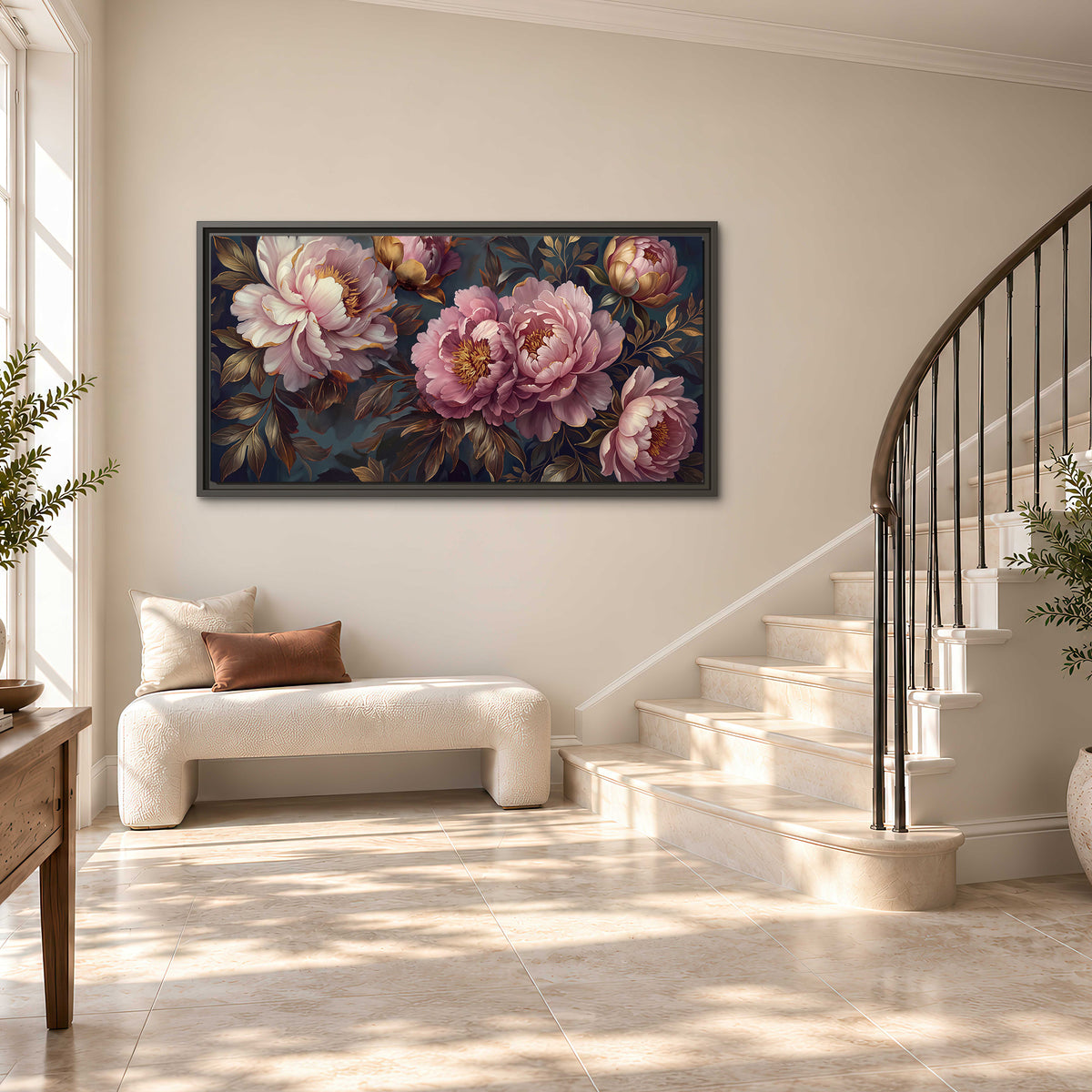 Large pink and cream peonies against deep blue foliage single framed canvas wall art styled in an interior