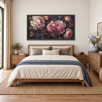 Large pink and cream peonies against deep blue foliage single framed canvas wall art styled in an interior