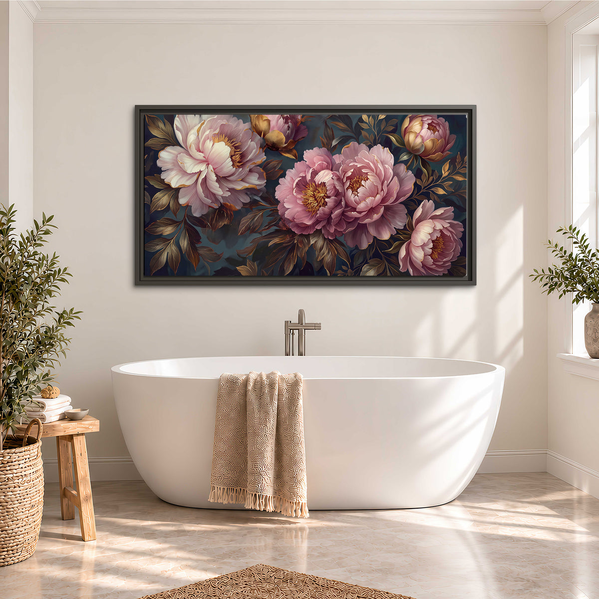 Large pink and cream peonies against deep blue foliage single framed canvas wall art styled in an interior