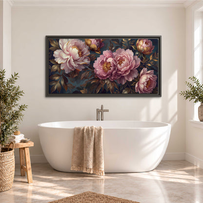 Large pink and cream peonies against deep blue foliage single framed canvas wall art styled in an interior