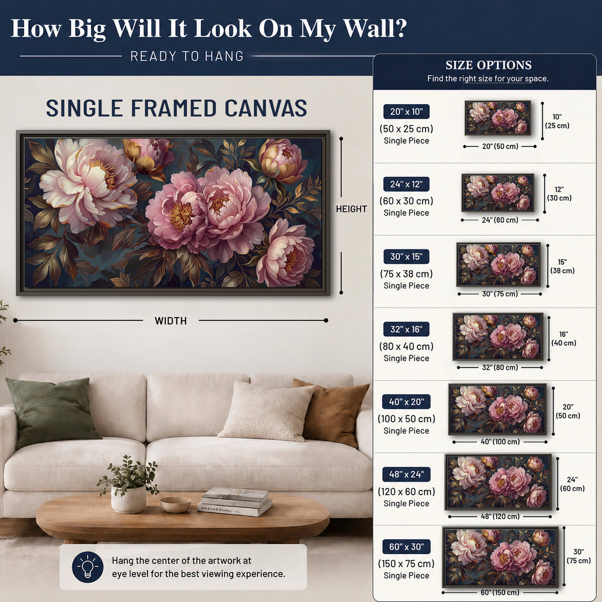 Large pink and cream peonies against deep blue foliage single framed canvas wall art size guide above a sofa; room view is illustrative