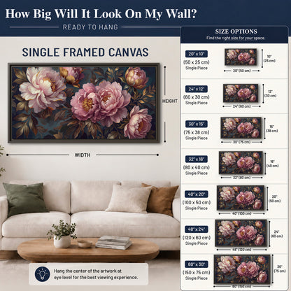 Large pink and cream peonies against deep blue foliage single framed canvas wall art size guide above a sofa; room view is illustrative