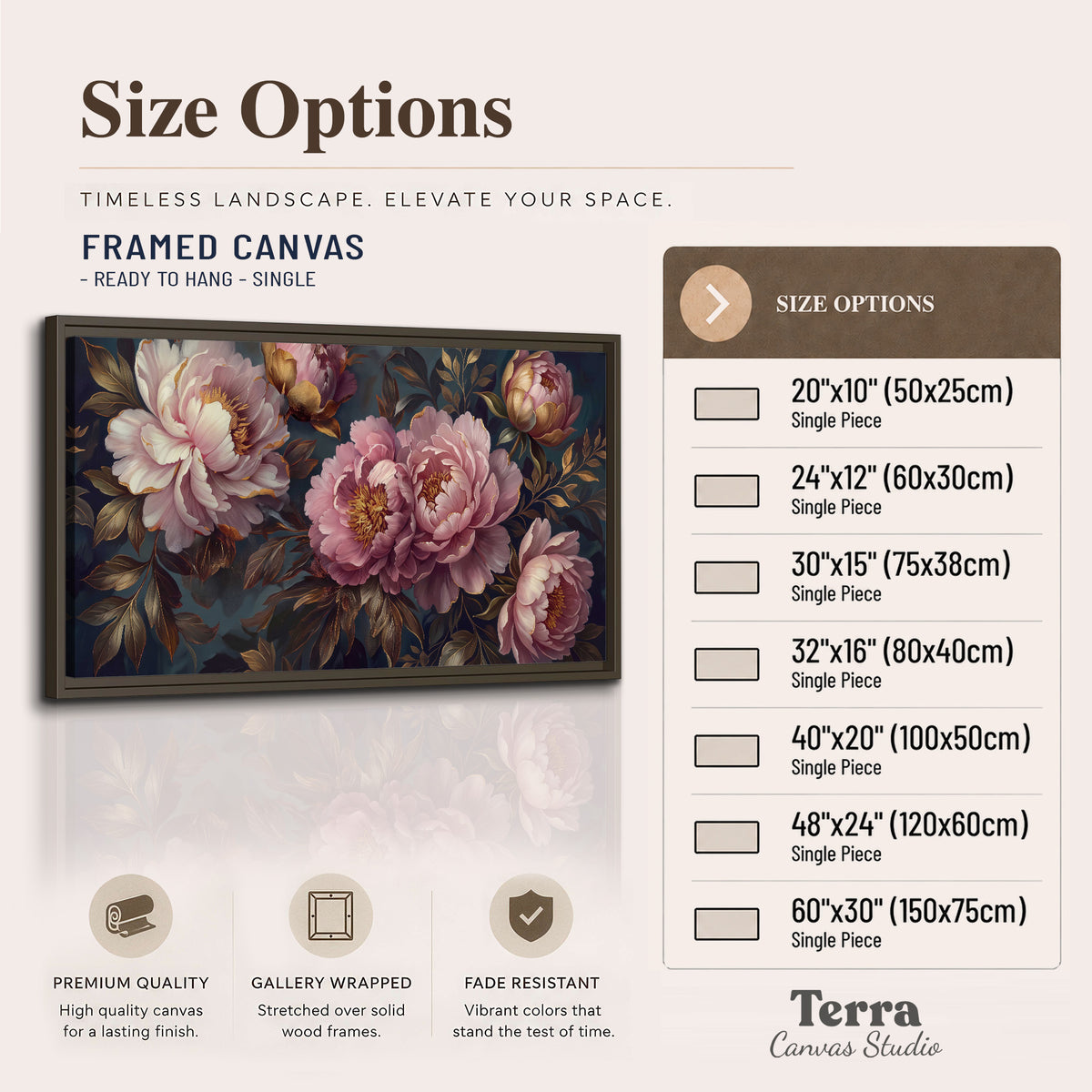 Large pink and cream peonies against deep blue foliage single framed canvas wall art available dimensions