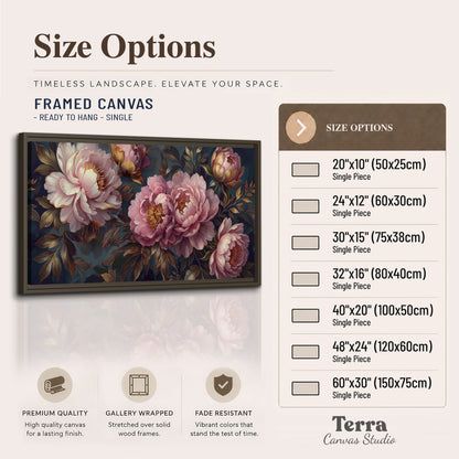 Large pink and cream peonies against deep blue foliage single framed canvas wall art available dimensions
