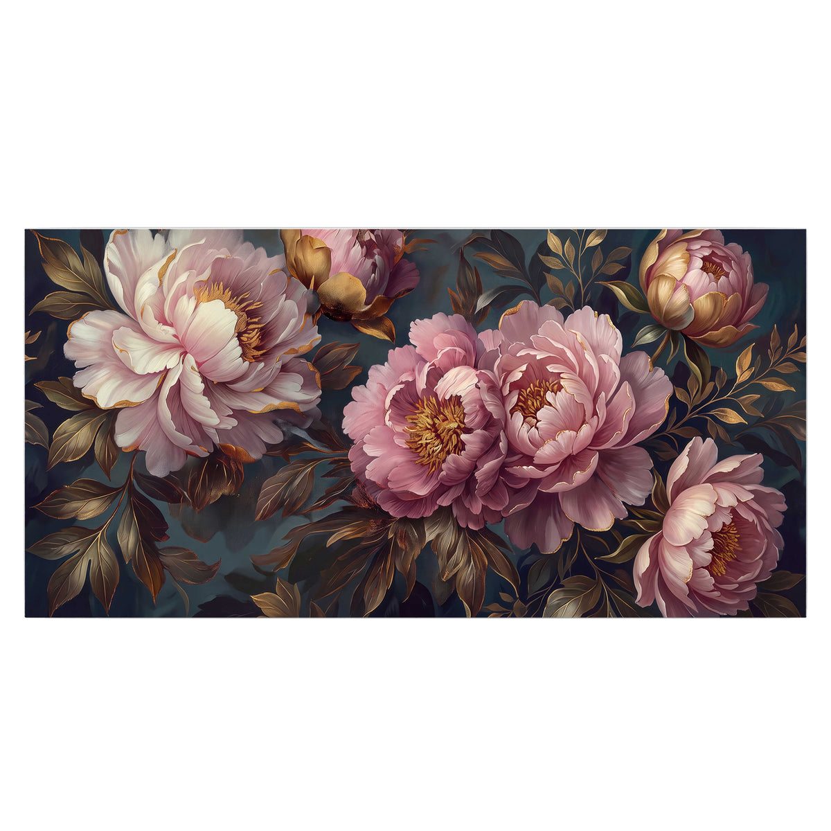 Large pink and cream peonies against deep blue foliage single poster print viewed straight on