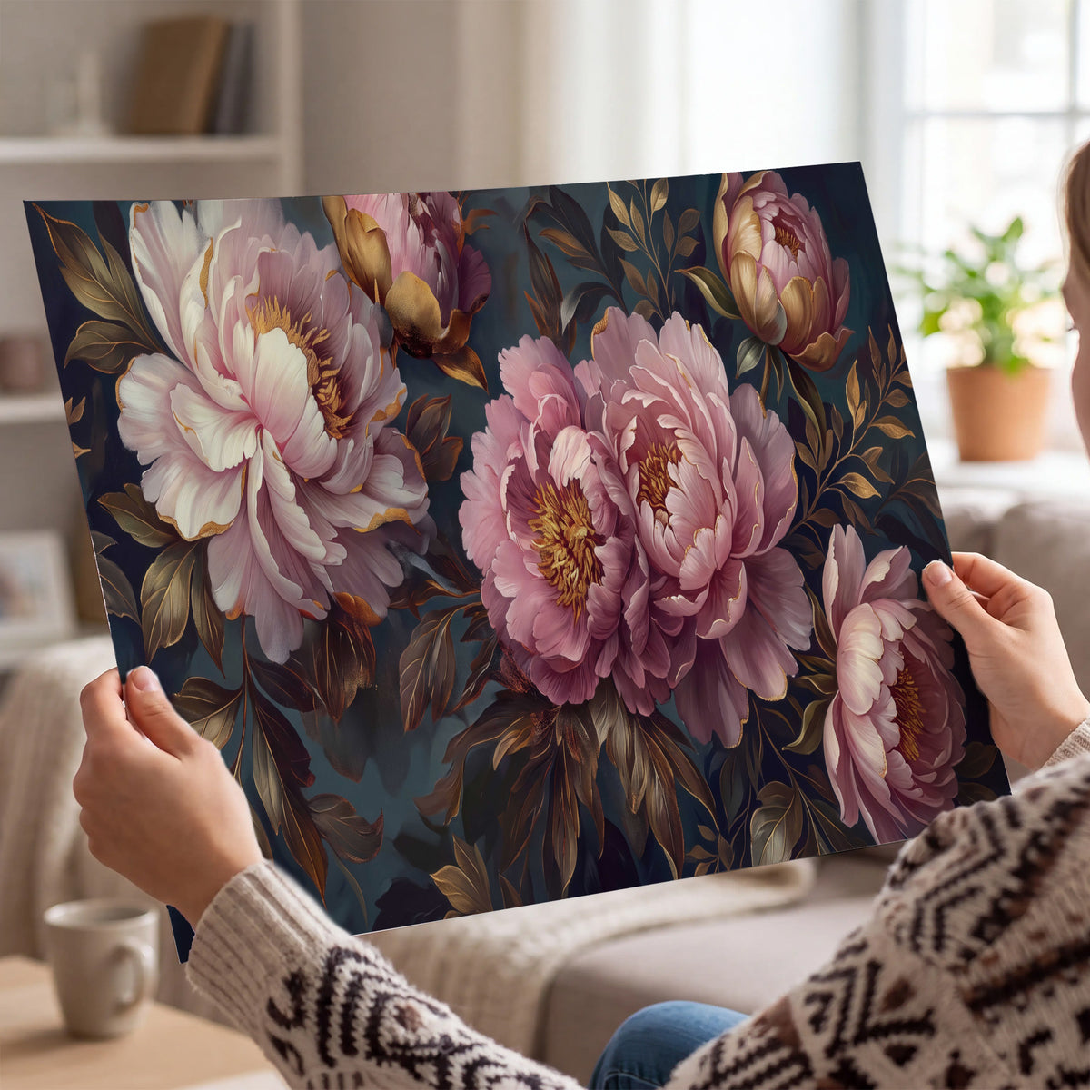Large pink and cream peonies against deep blue foliage single poster print held in hands