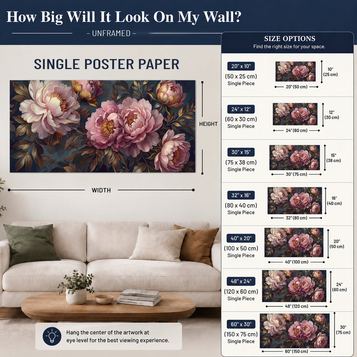 Large pink and cream peonies against deep blue foliage single poster print size guide above a sofa; room view is illustrative