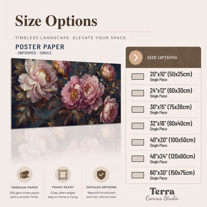 Large pink and cream peonies against deep blue foliage single poster print available dimensions