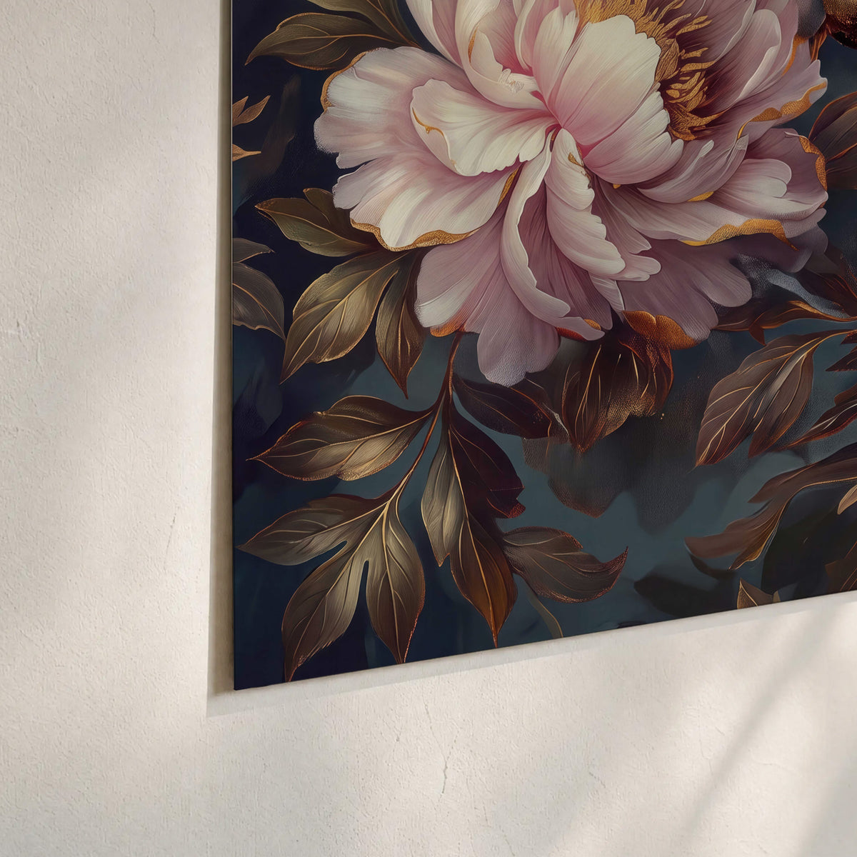 Large pink and cream peonies against deep blue foliage set of 3 poster prints material and edge close up