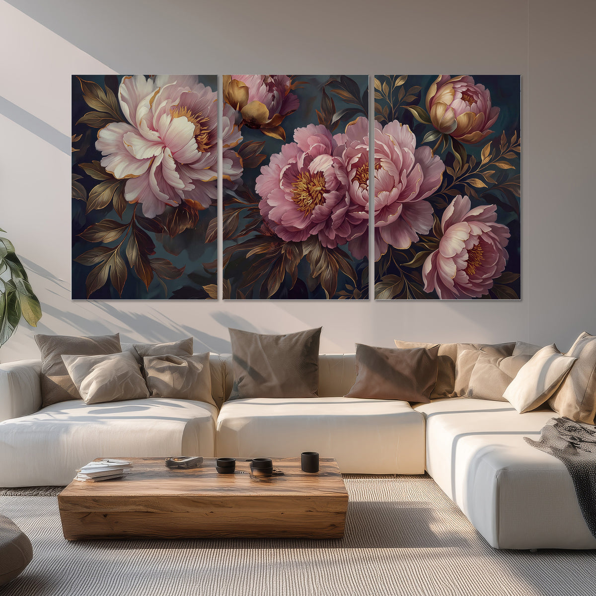 Large pink and cream peonies against deep blue foliage set of 3 poster prints displayed in a living room