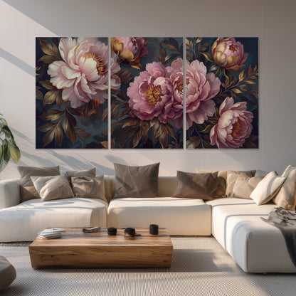 Large pink and cream peonies against deep blue foliage set of 3 poster prints displayed in a living room