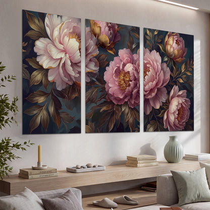 Large pink and cream peonies against deep blue foliage set of 3 poster prints displayed in a console