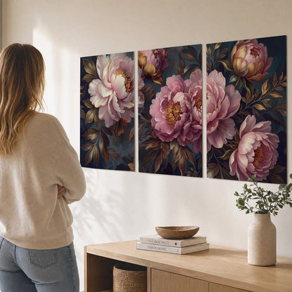 Large pink and cream peonies against deep blue foliage set of 3 poster prints three panel arrangement on a wall