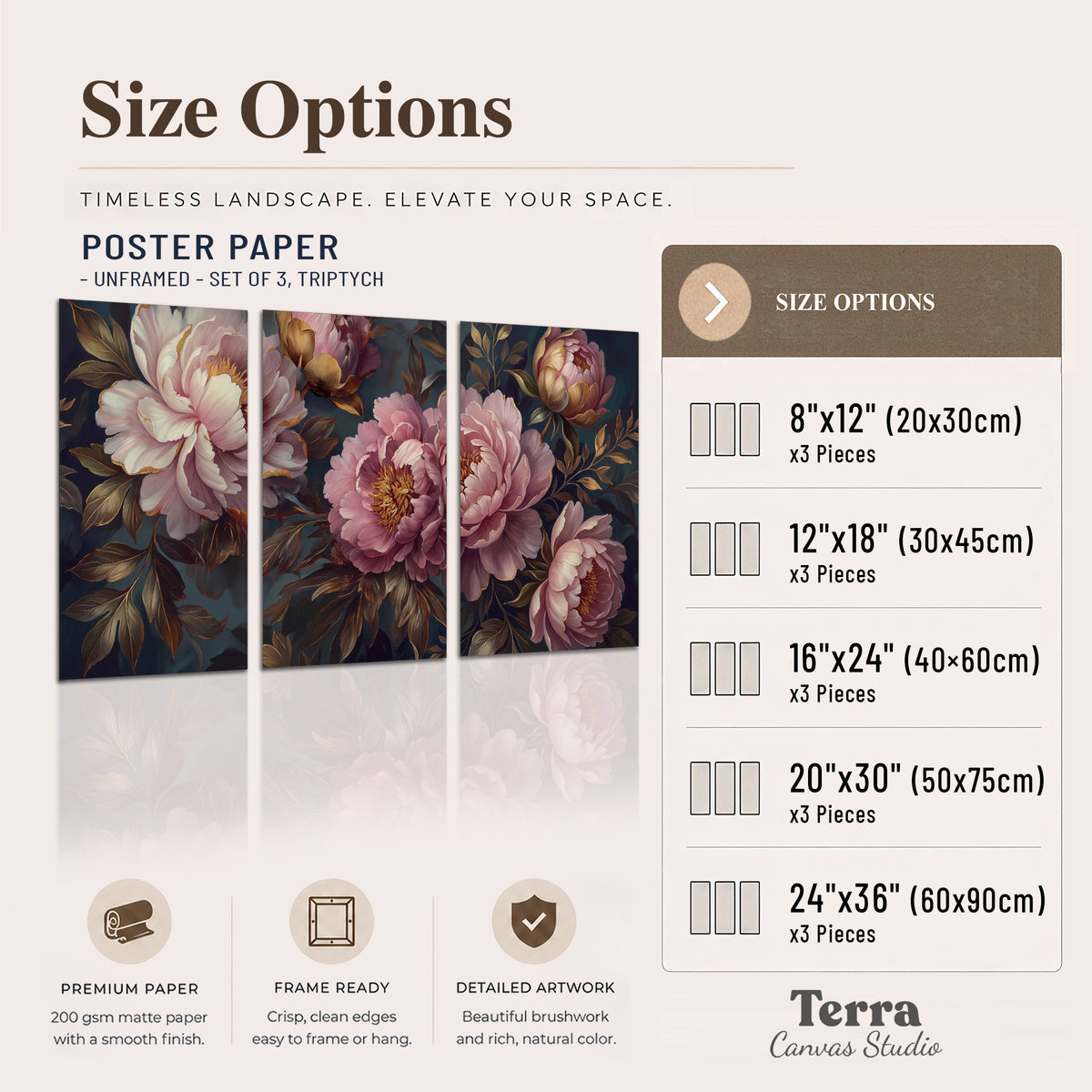Large pink and cream peonies against deep blue foliage set of 3 poster prints available dimensions; triptych dimensions are per panel