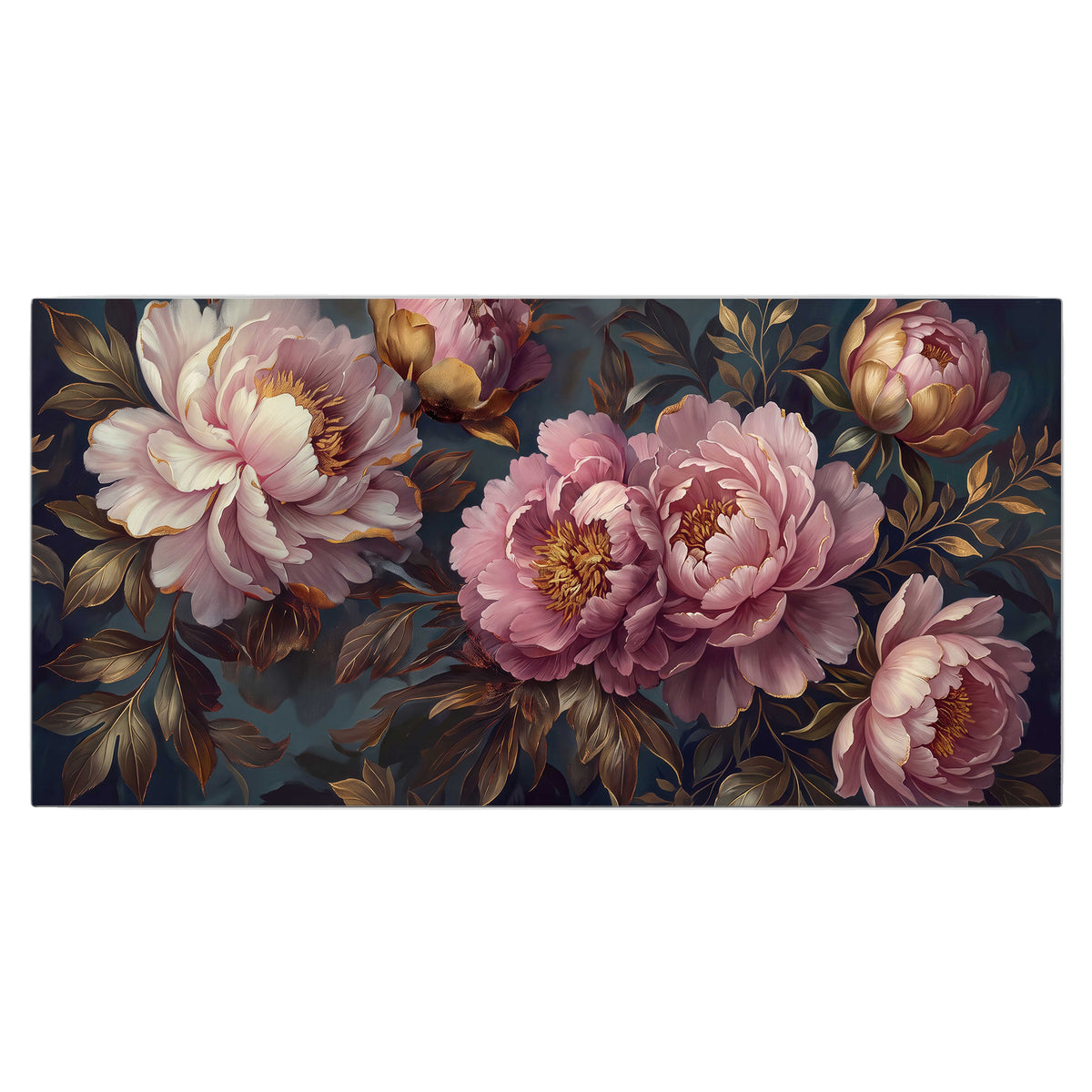 Large pink and cream peonies against deep blue foliage single canvas wall art viewed straight on