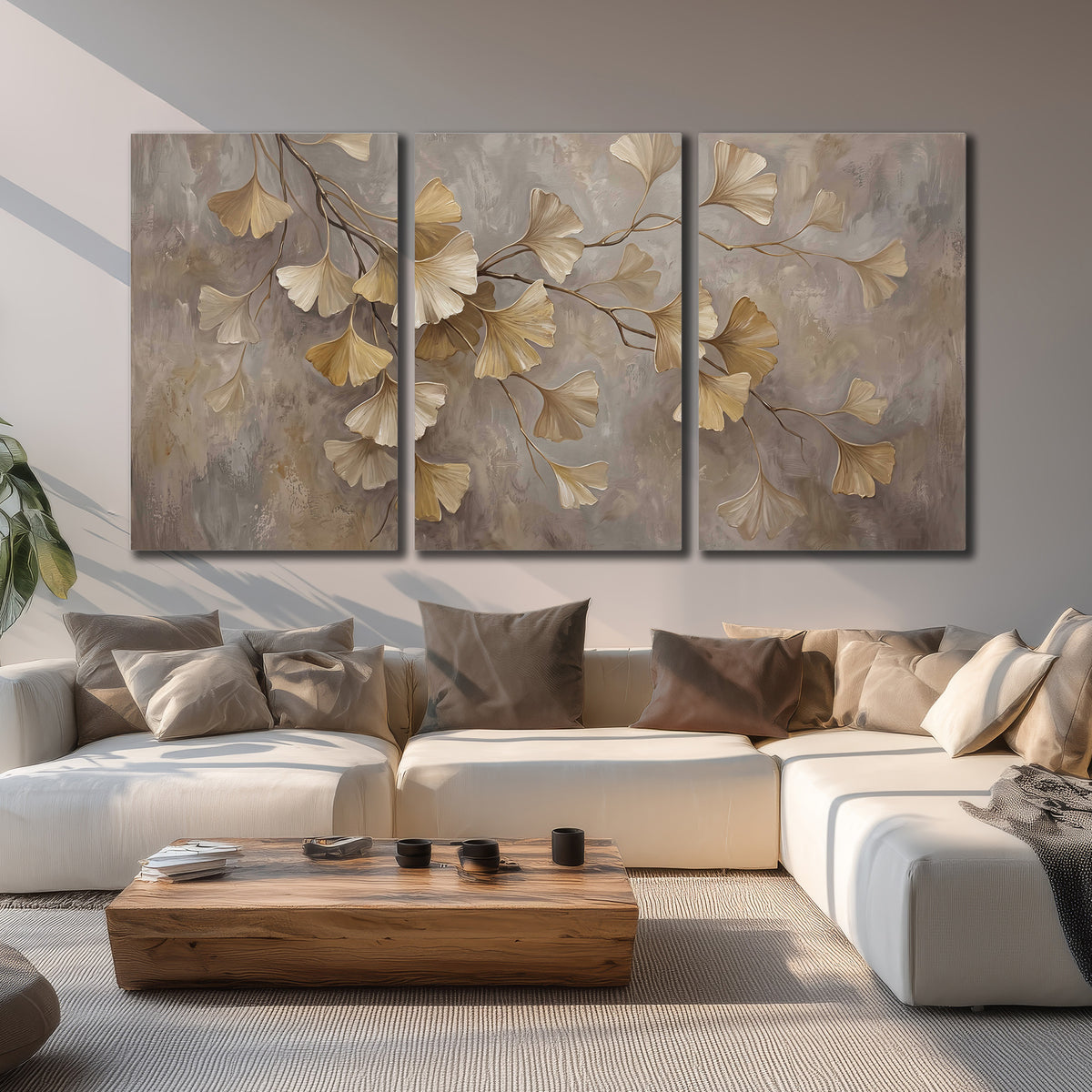 Cream and gold-colored ginkgo leaves against warm gray 3 piece canvas wall art displayed in a living room