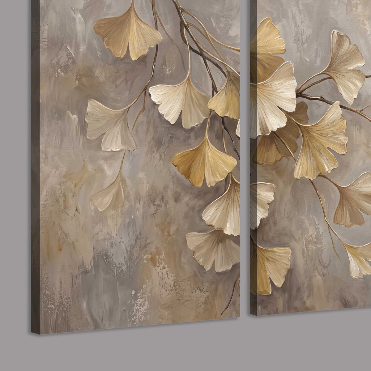 Cream and gold-colored ginkgo leaves against warm gray 3 piece canvas wall art room and product view